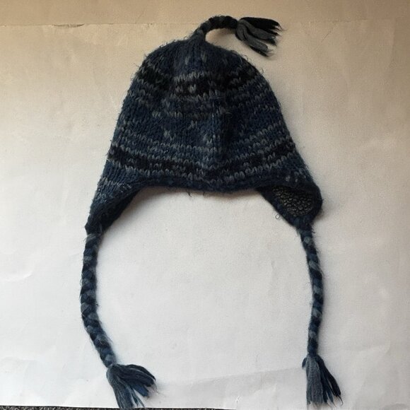 Vintage Chaos Ear Flap Hat Beanie Knit Soft Winter Warm Blue Gray Pom Pom - Picture 10 of 11